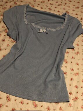 Baby Blue Lace Bow Top Y2K Coquette Chic Feminine Short Sleeve Blouse